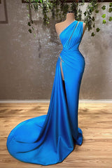 Homecoming Dress Long, Sexy Blue One Shoulder Split Mermaid Prom Dress With Beads