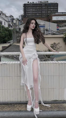 Sexet høj lav stroppeløs hvide prom kjoler 21 -års fødselsdag