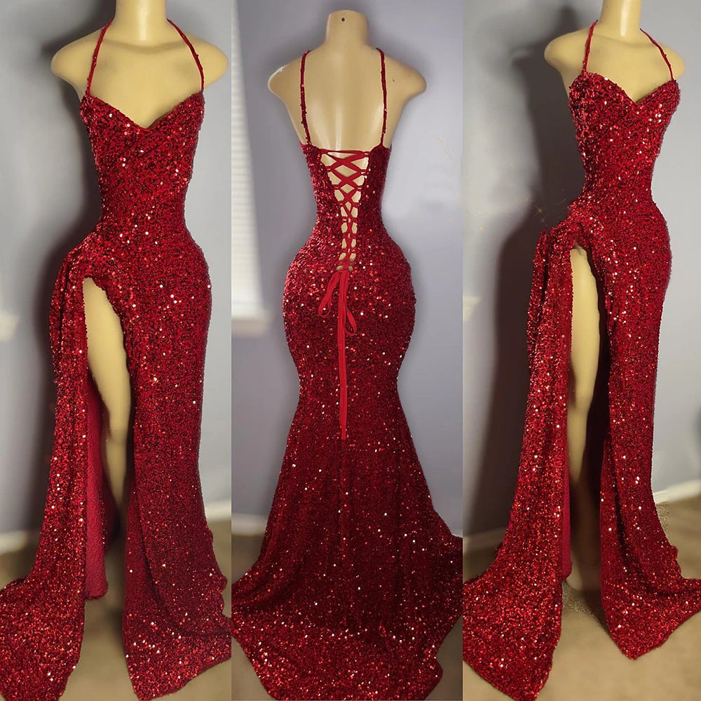 Red Carpet Dress, Sexy High Slit Halter Sleeveless Sparkly Red Sequined Long Prom Dresses for Black Girls