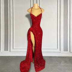 Corset Dress, Sexy High Slit Halter Sleeveless Sparkly Red Sequined Long Prom Dresses for Black Girls