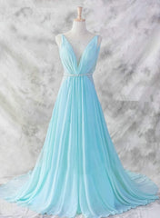 Bridesmaid Dresses, Sexy Light Blue Chiffon Backless Long Evening Gown, Blue Party Dress
