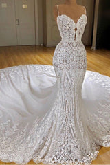 Wedding Dress Online Shops, Sexy Long Mermaid V-neck Spaghetti Straps Appliques Lace Wedding Dress