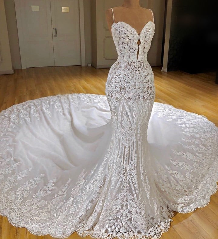 Wedding Dress Silhouettes Guide, Sexy Long Mermaid V-neck Spaghetti Straps Appliques Lace Wedding Dress