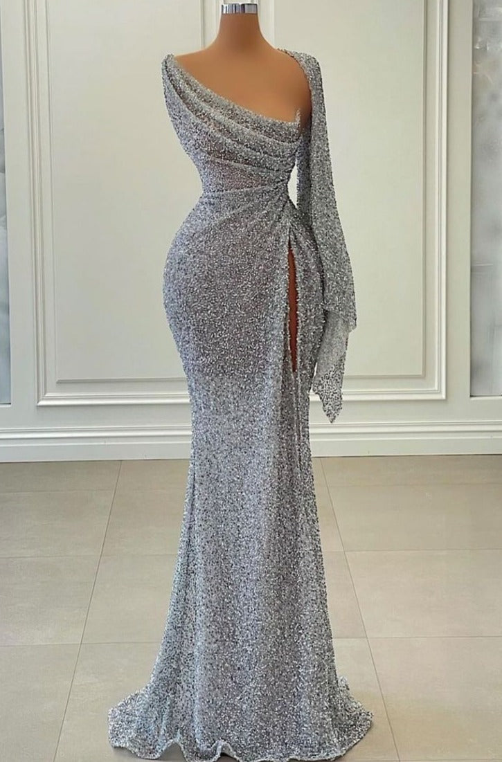 Homecoming Dresses Short, Sexy Long One Shoulder Sequins Slit Prom Dress Mermaid