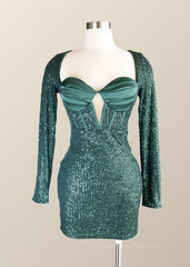 Homecoming Dresses For Girl, Sexy Long Sleeves Green Sequin Tight Mini Dress
