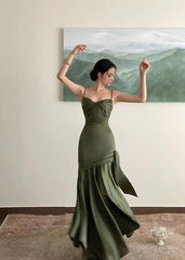 Sexy Mermaid Straps Green Party Dresses Satin Long Prom Dresses