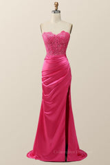 Prom Dress Sleeves, Sexy Pink Sweetheart Lace and Satin Long Dress