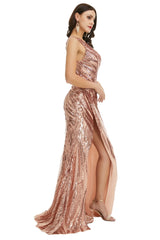 Country Wedding Dress, Rose Gold One Shoulder with Side Slit Prom Dresses