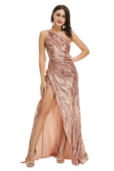 Bridesmaid Dresses Chicago, Rose Gold One Shoulder with Side Slit Prom Dresses