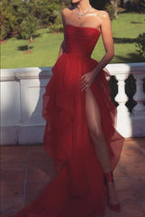 Night Out Outfit, Sexy Strapless Layered Red Long Prom Dresses with High Slit,Formal Dresses,Dance Dress