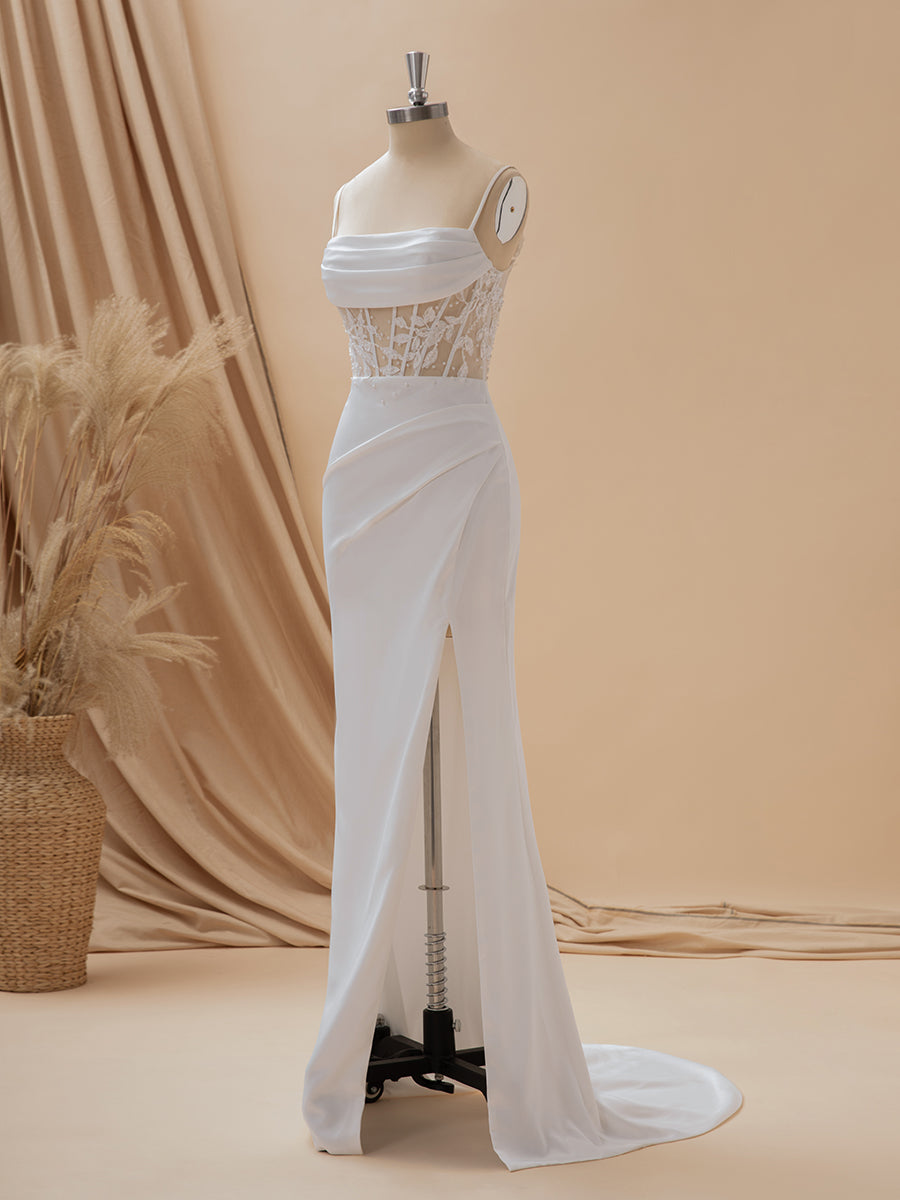 Wedding Dresse Vintage, Sheath Charmeuse Spaghetti Straps Appliques Lace Sweep Train Corset Wedding Dress