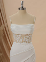 Wedding Dresses Vintag, Sheath Charmeuse Spaghetti Straps Appliques Lace Sweep Train Corset Wedding Dress