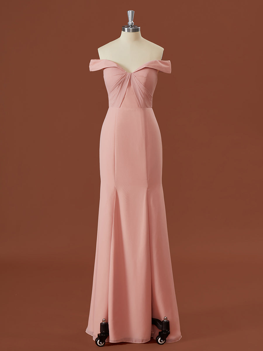 Dressy Outfit, Sheath Chiffon Off-the-Shoulder Pleated Floor-Length Bridesmaid Dress