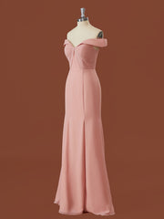 Modest Dress, Sheath Chiffon Off-the-Shoulder Pleated Floor-Length Bridesmaid Dress