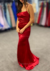 Prom Dresses Stores, Sheath/Column Bateau Spaghetti Straps Long/Floor-Length Charmeuse Prom Dress With Pleated
