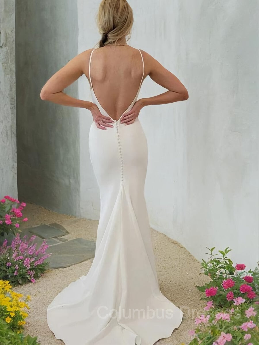 Wedding Dress Perfect For Summer, Sheath/Column Bateau Sweep Train Stretch Crepe Wedding Dresses