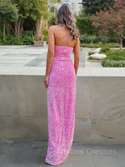Party Dress Code Idea, Sheath/Column Halter Floor-Length Velvet Sequins Prom Dresses With Leg Slit