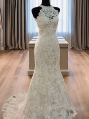 Wedding Dresses For Fall Weddings, Sheath/Column Halter Sweep Train Lace Wedding Dresses