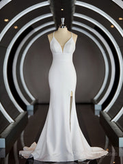 Wedding Dress Classic Elegance, Sheath/Column Halter Sweep Train Stretch Crepe Wedding Dresses with Leg Slit