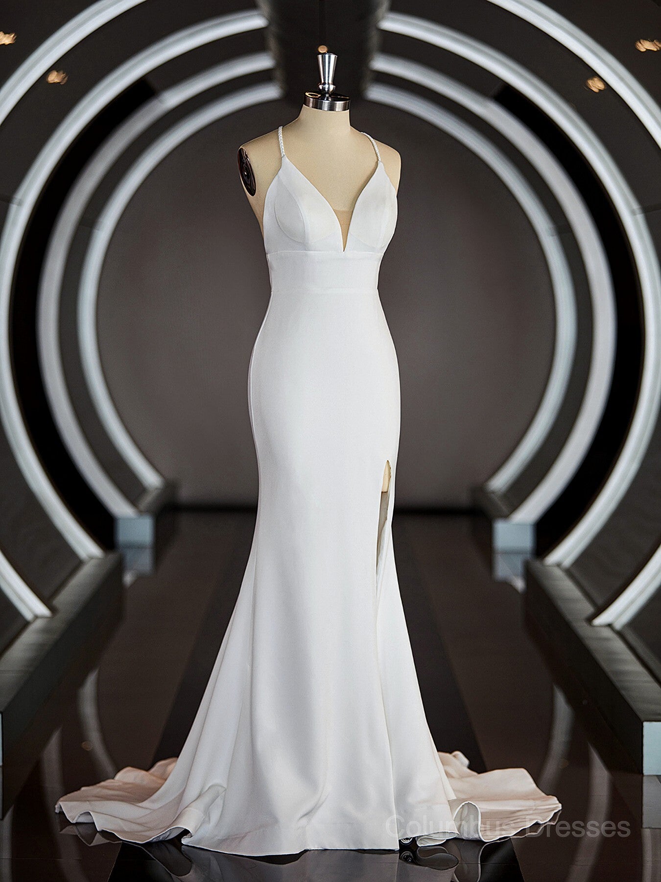 Wedding Dress A Line Lace, Sheath/Column Halter Sweep Train Stretch Crepe Wedding Dresses with Leg Slit