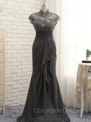 Homecomming Dresses Green, Sheath/Column High Neck Sweep Train Chiffon Mother of the Bride Dresses With Lace