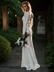 Wedding Dress Shape, Sheath/Column Jewel Sweep Train Stretch Crepe Wedding Dresses