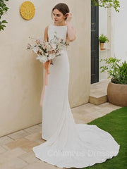 Wedding Dress Lace Sleeve, Sheath/Column Jewel Sweep Train Stretch Crepe Wedding Dresses
