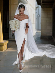 Wedding Dress Inspiration, Sheath/Column Off-the-Shoulder Chapel Train Charmeuse Wedding Dresses With Leg Slit