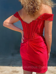 Prom Pictures, Sheath/Column Off-the-Shoulder Corset Short/Mini Elastic Woven Satin Homecoming Dresses