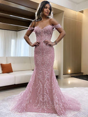 Prom Dress Trends For The Season, Sheath/Column Off-the-Shoulder Court Train Lace Prom Dresses With Appliques Lace