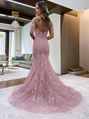 Prom Dresses Different, Sheath/Column Off-the-Shoulder Court Train Lace Prom Dresses With Appliques Lace