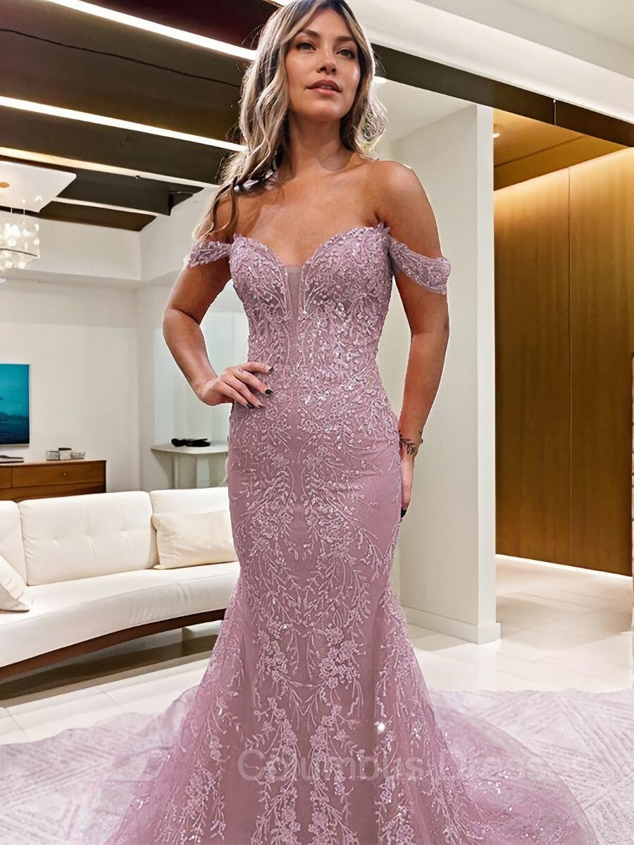 Prom Dress Short, Sheath/Column Off-the-Shoulder Court Train Lace Prom Dresses With Appliques Lace