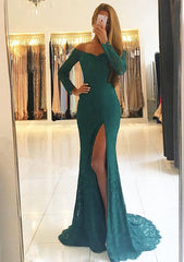 Bridesmaid Dresses Green, Sheath/Column Off-the-Shoulder Full/Long Sleeve Sweep Train Lace Dress With Split
