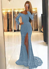 Bridesmaid Dress Sale, Sheath/Column Off-the-Shoulder Full/Long Sleeve Sweep Train Lace Dress With Split