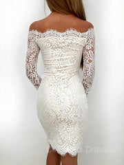 Non Traditional Wedding Dress, Sheath/Column Off-the-Shoulder Short/Mini Lace Homecoming Dresses