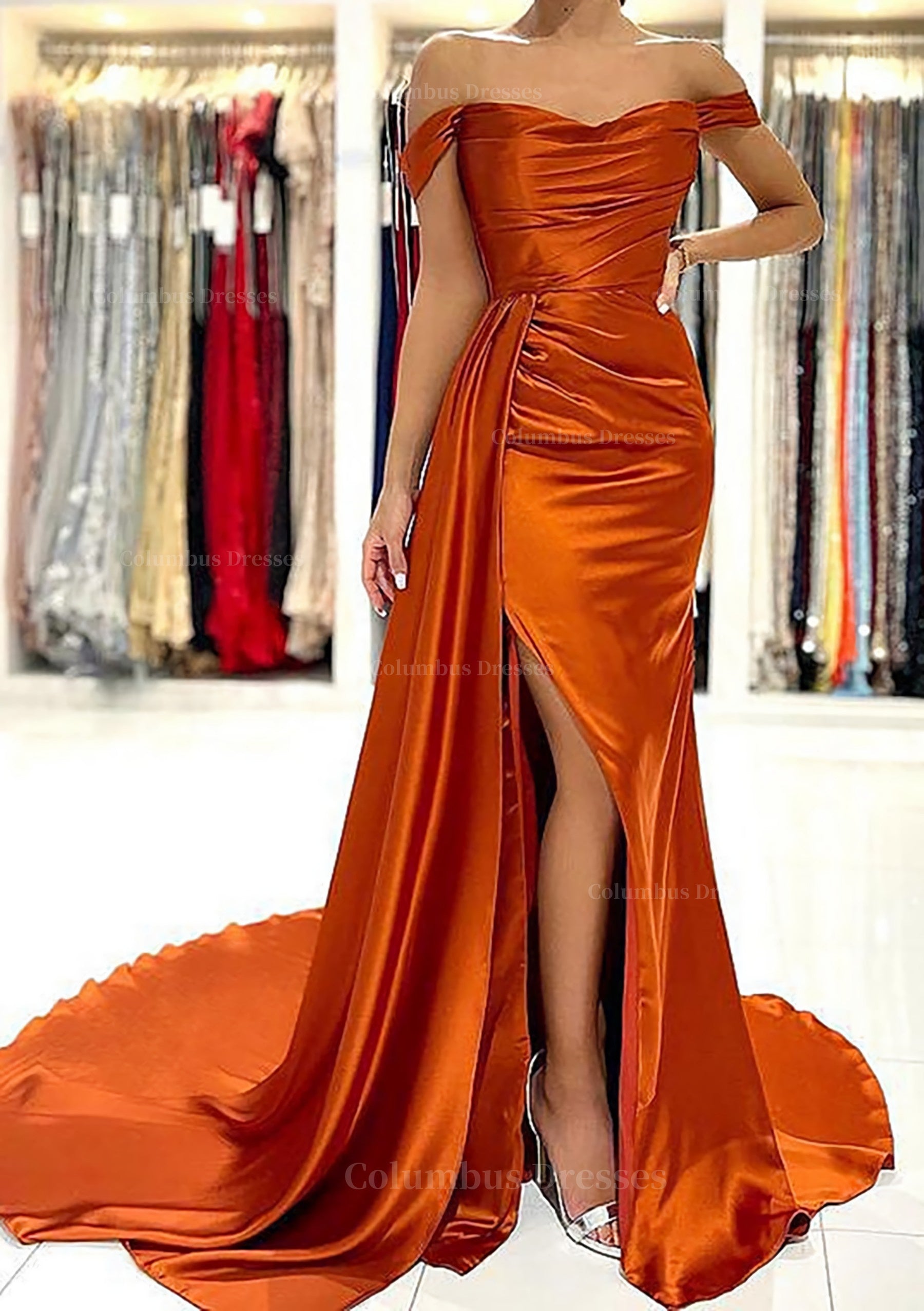Party Dress Express Photos, Sheath/Column Off-the-Shoulder Short Sleeve Charmeuse Court Train Prom Dress With Pleated