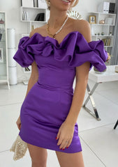 Formal Dress Attire, Sheath/Column Off-the-Shoulder Sleeveless Satin Short/Mini Homecoming Dress With Ruffles