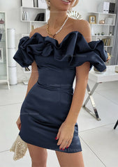 Formal Dress Store, Sheath/Column Off-the-Shoulder Sleeveless Satin Short/Mini Homecoming Dress With Ruffles
