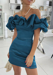 Formal Dress Stores, Sheath/Column Off-the-Shoulder Sleeveless Satin Short/Mini Homecoming Dress With Ruffles