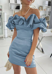 Formal Dresses Online, Sheath/Column Off-the-Shoulder Sleeveless Satin Short/Mini Homecoming Dress With Ruffles