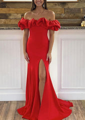 Prom Dress Off Shoulder, Sheath/Column Off-the-Shoulder Sleeveless Sweep Train Satin Prom Dress With Ruffles Split
