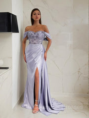 Formal Dress For Party Wear, Sheath/Column Off-the-Shoulder Sweep Train Elastic Woven Satin Prom Dresses With Leg Slit