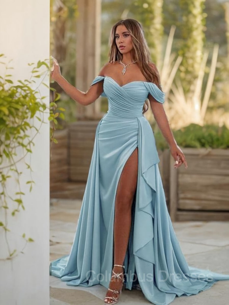 Bridesmaid Dress Champagne, Sheath/Column Off-the-Shoulder Sweep Train Jersey Prom Dresses With Leg Slit