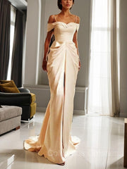 Wedding Dresses Costs, Sheath/Column Off-the-Shoulder Sweep Train Silk like Satin Wedding Dresses With Leg Slit