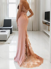 Formal Dress For Beach Wedding, Sheath/Column Off-the-Shoulder Sweep Train Stretch Crepe Evening Dresses With Appliques Lace