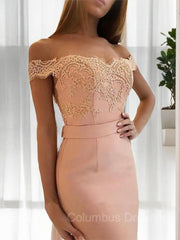 Formal Dresses Modest, Sheath/Column Off-the-Shoulder Sweep Train Stretch Crepe Evening Dresses With Appliques Lace