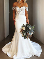 Wedding Dresses Tulle Lace, Sheath/Column Off-the-Shoulder Sweep Train Stretch Crepe Wedding Dresses With Appliques Lace
