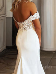 Wedding Dress Sleeves Lace, Sheath/Column Off-the-Shoulder Sweep Train Stretch Crepe Wedding Dresses With Appliques Lace