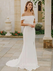 Wedding Dressing Gowns, Sheath/Column Off-the-Shoulder Sweep Train Stretch Crepe Wedding Dresses With Leg Slit