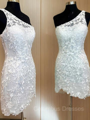Party Dresses Idea, Sheath/Column One-Shoulder Short/Mini Lace Applique Homecoming Dresses